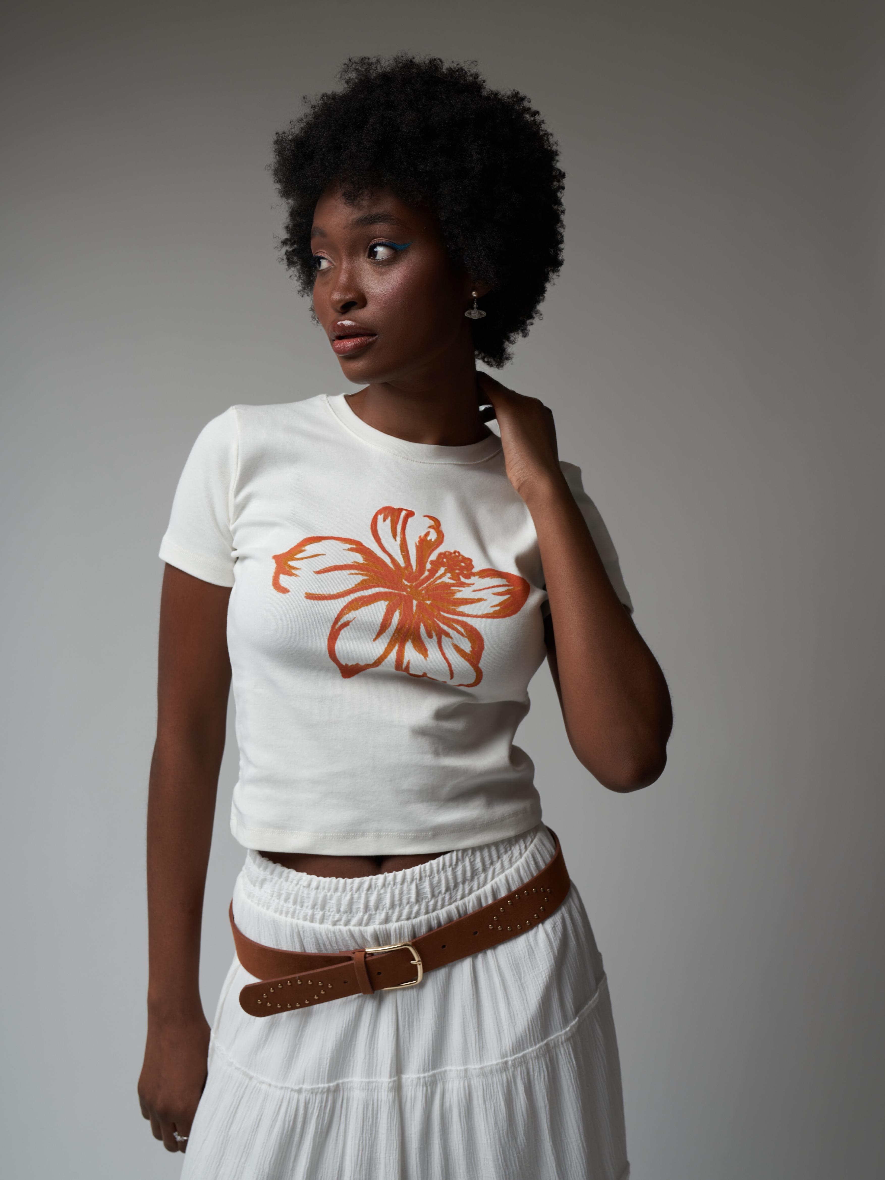 Yaprak Desenli Crop Bluz Ekru