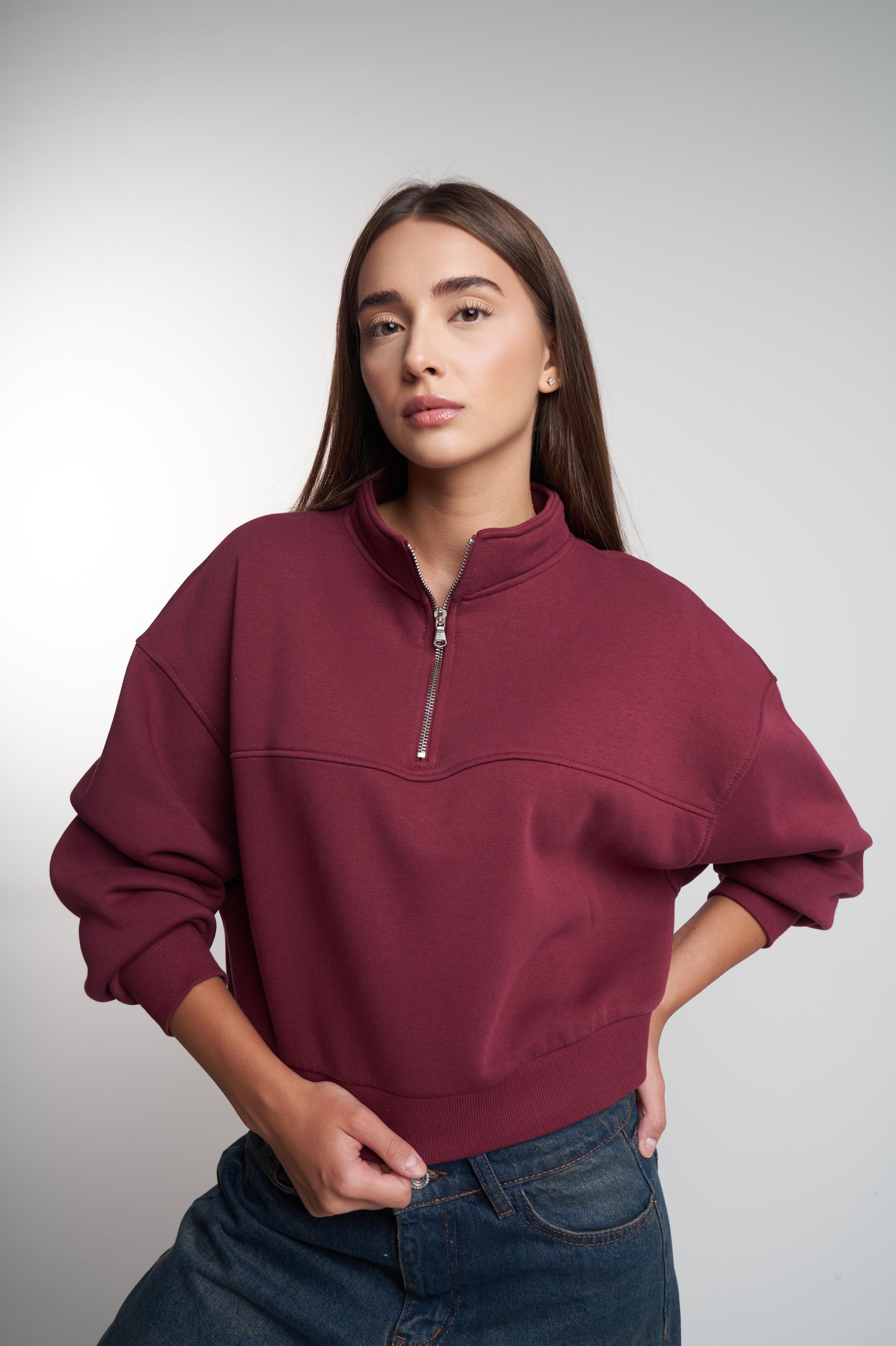 Yarım Fermuar Şardonlu Kısa Sweatshirt Bordo