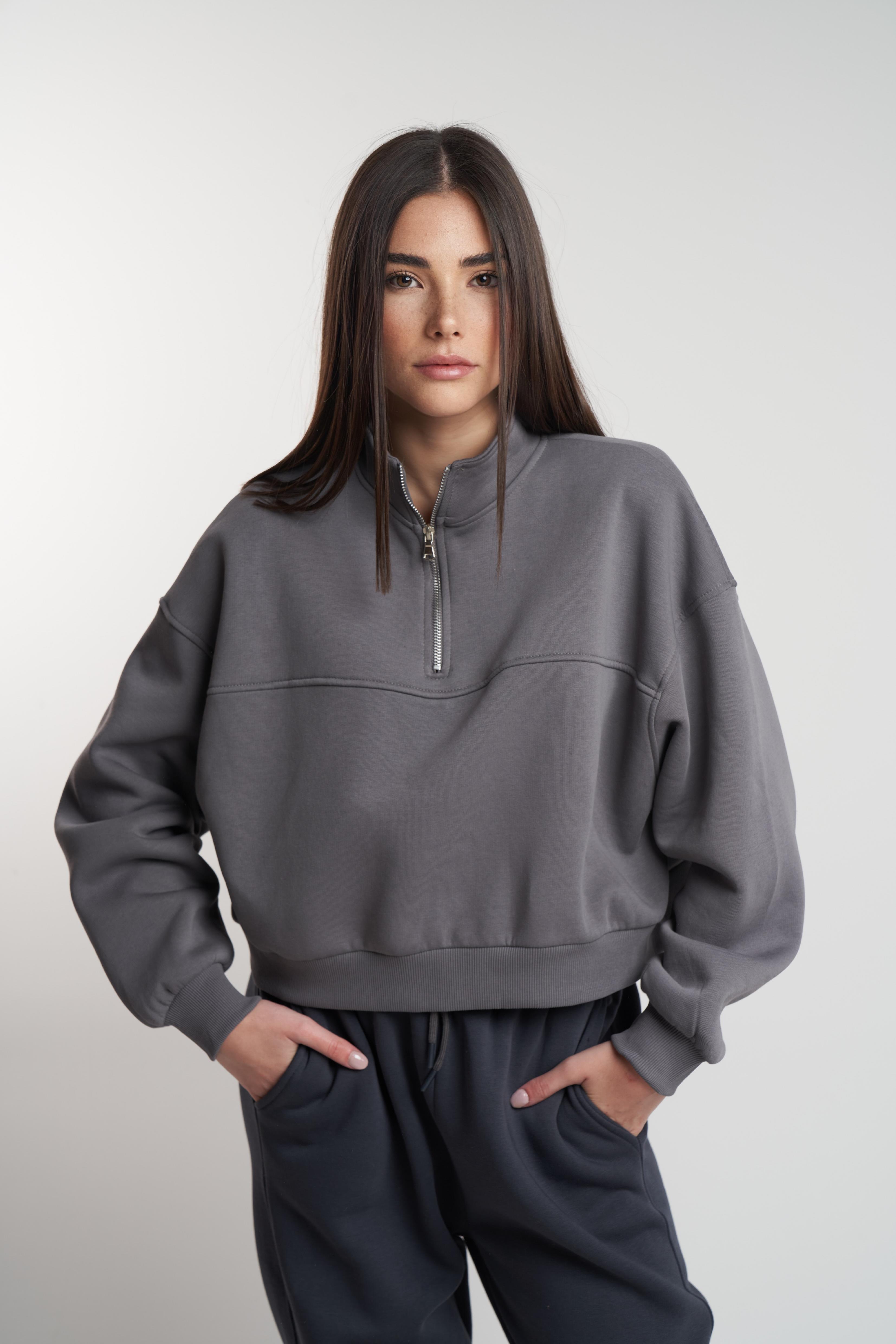 Yarım Fermuar Şardonlu Kısa Sweatshirt Gri