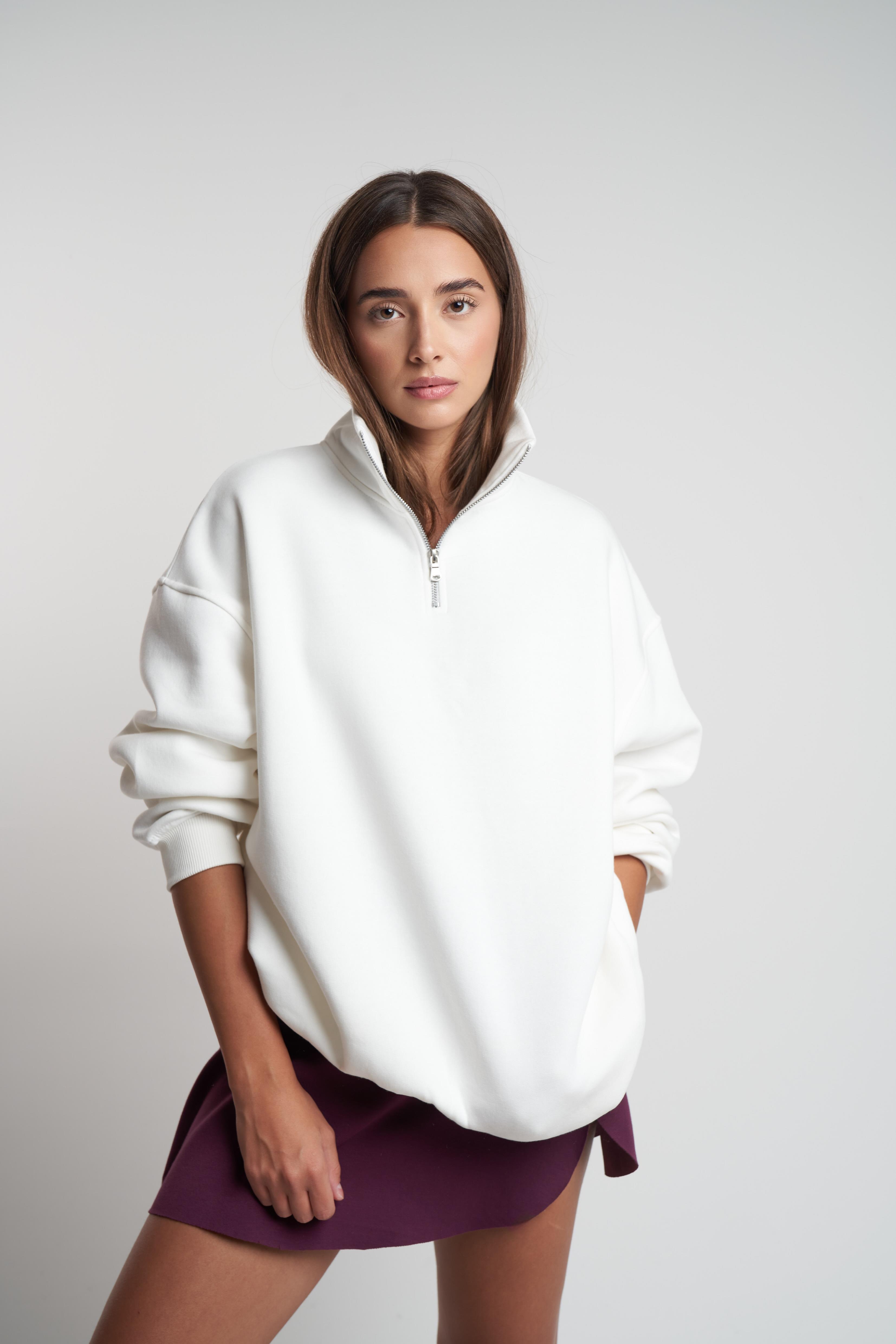 Yarım Fermuar Şardonlu Uzun Sweatshirt Ekru