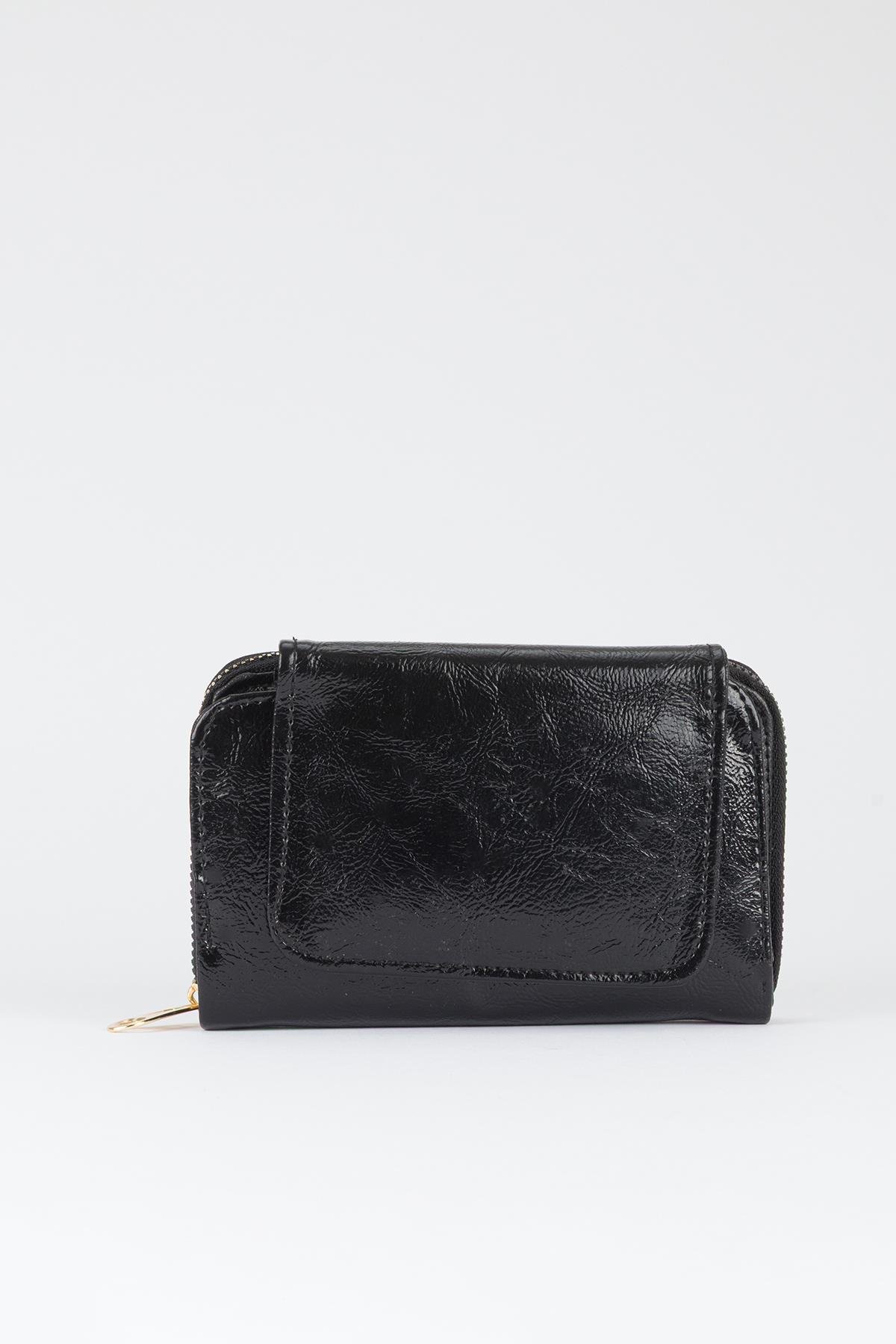 Yarım Kapaklı Parlak Suni Deri Cüzdan Siyah