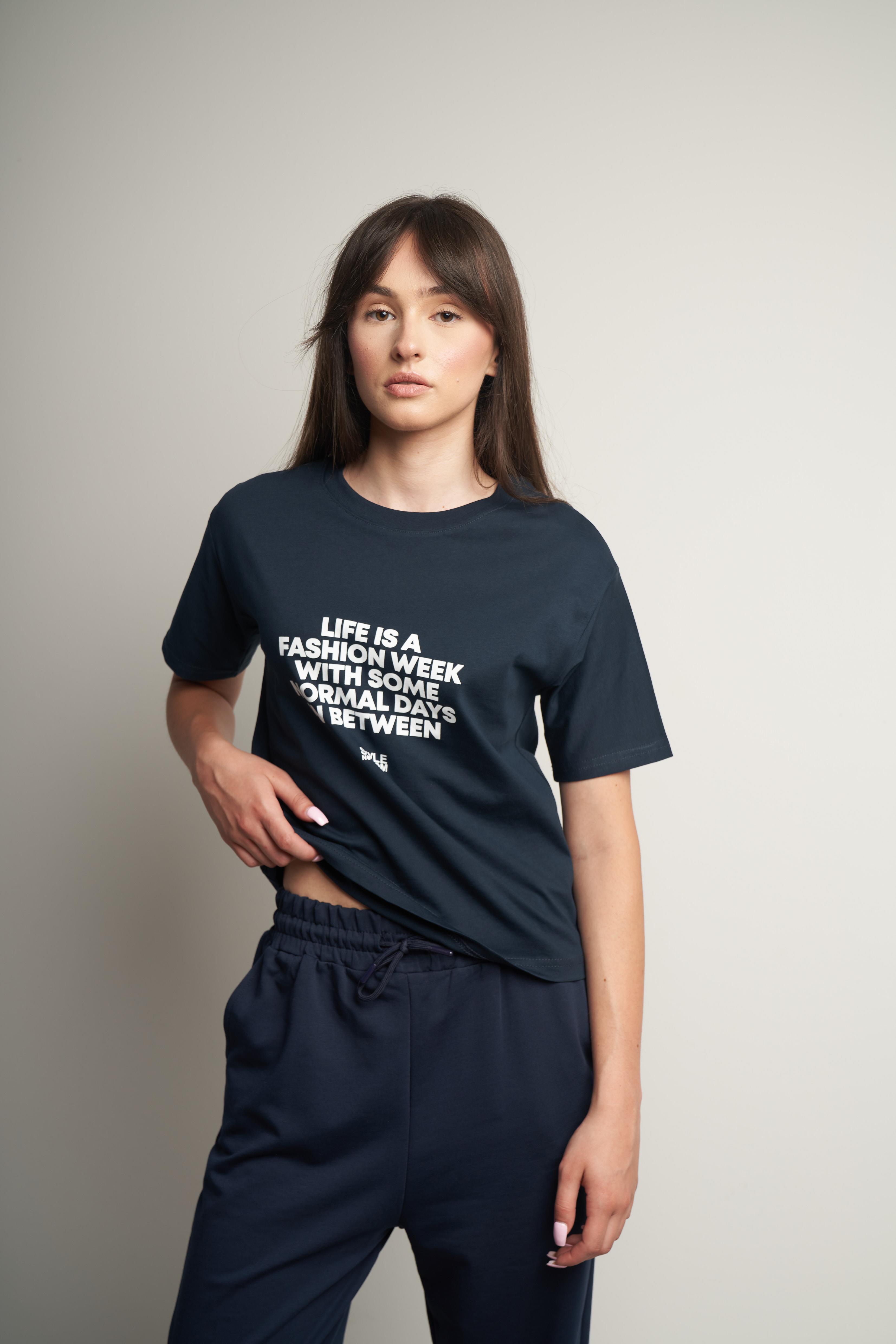 Yazı Baskılı Kısa Kol T-shirt Lacivert