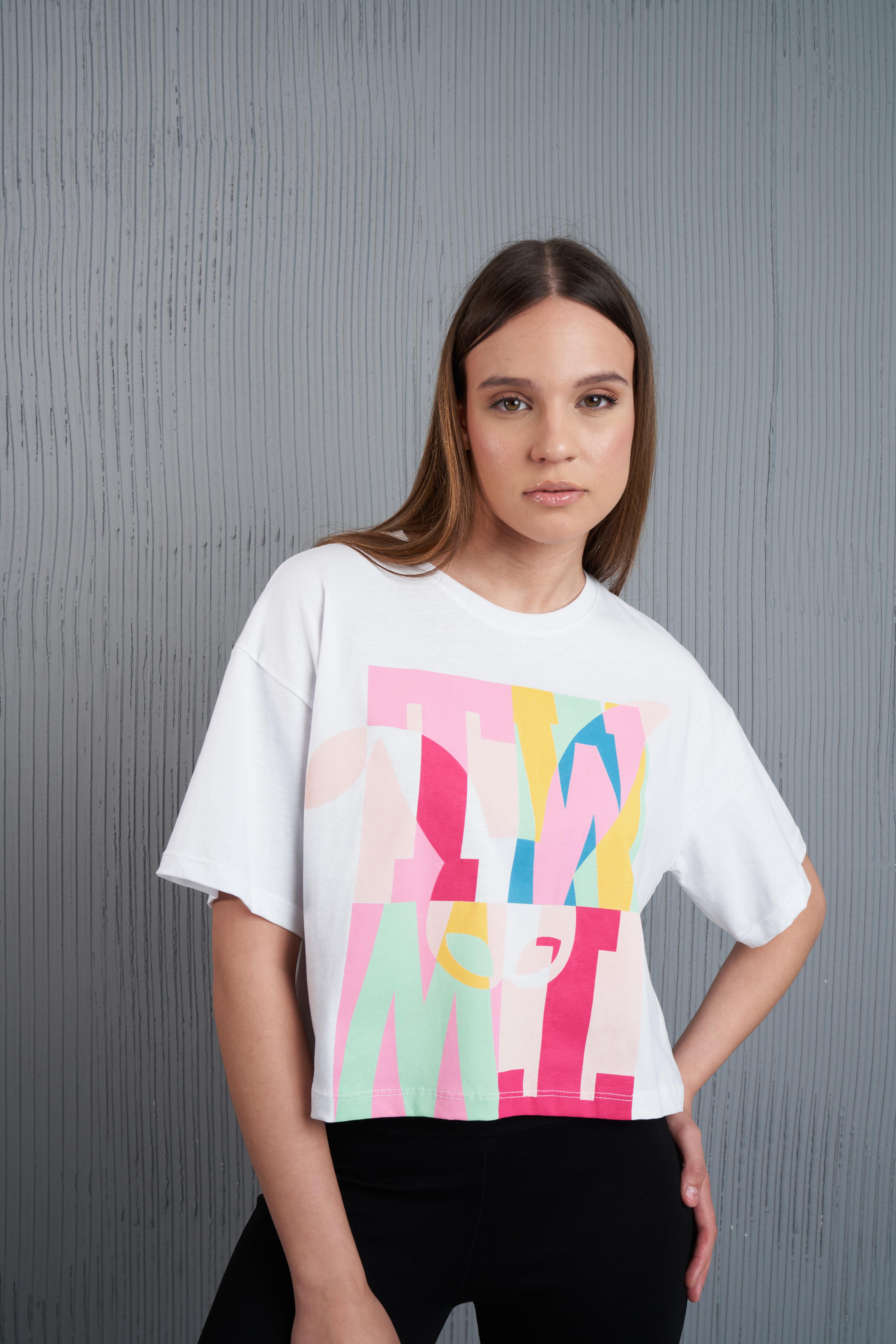 Yazı Baskılı Kısa T-shirt Beyaz