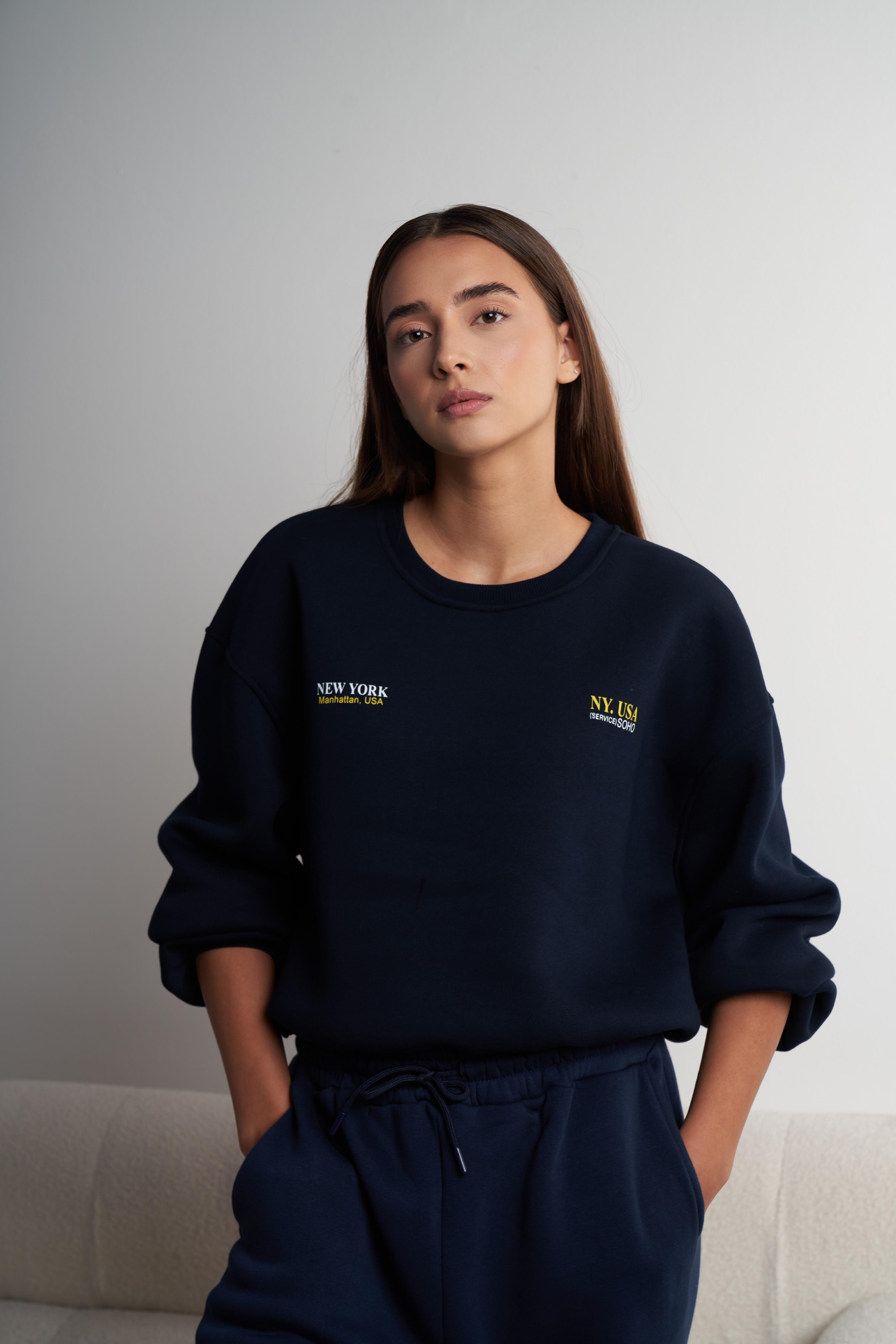 Yazı Baskılı Şardonlu Sweatshirt Lacivert