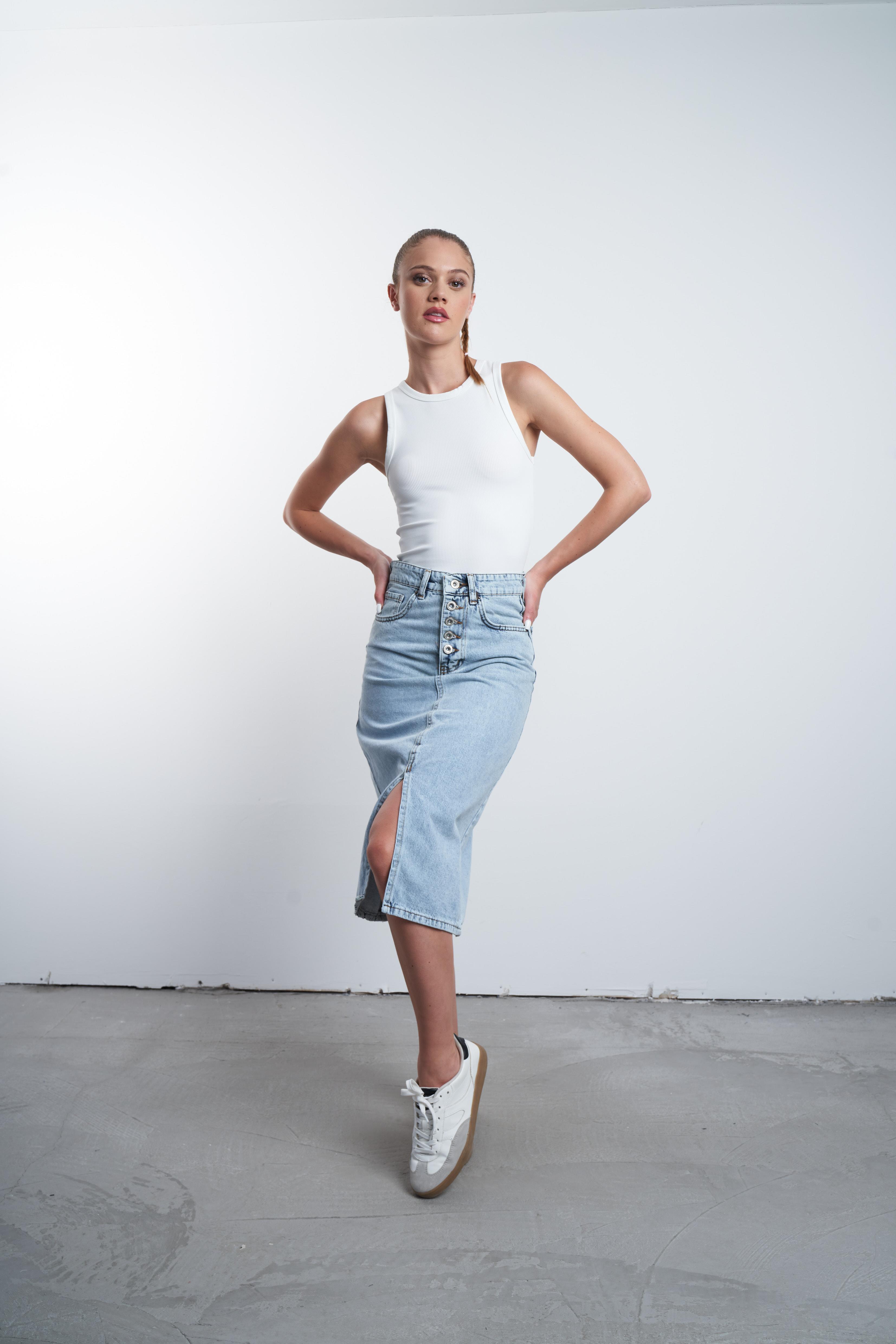 Yırtmaç Detaylı Denim Etek Açık Mavi