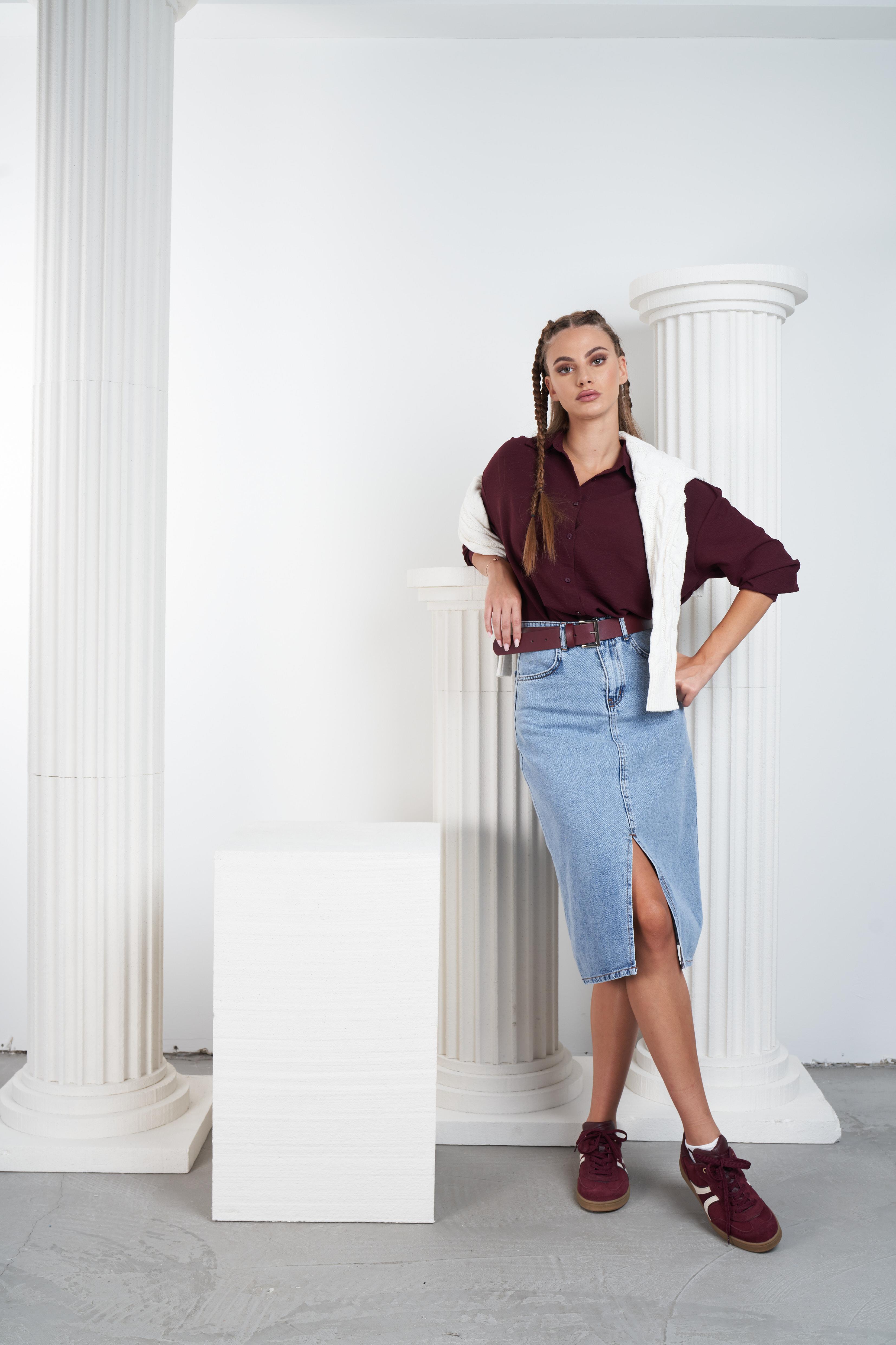 Yırtmaç Detaylı Denim Etek Mavi