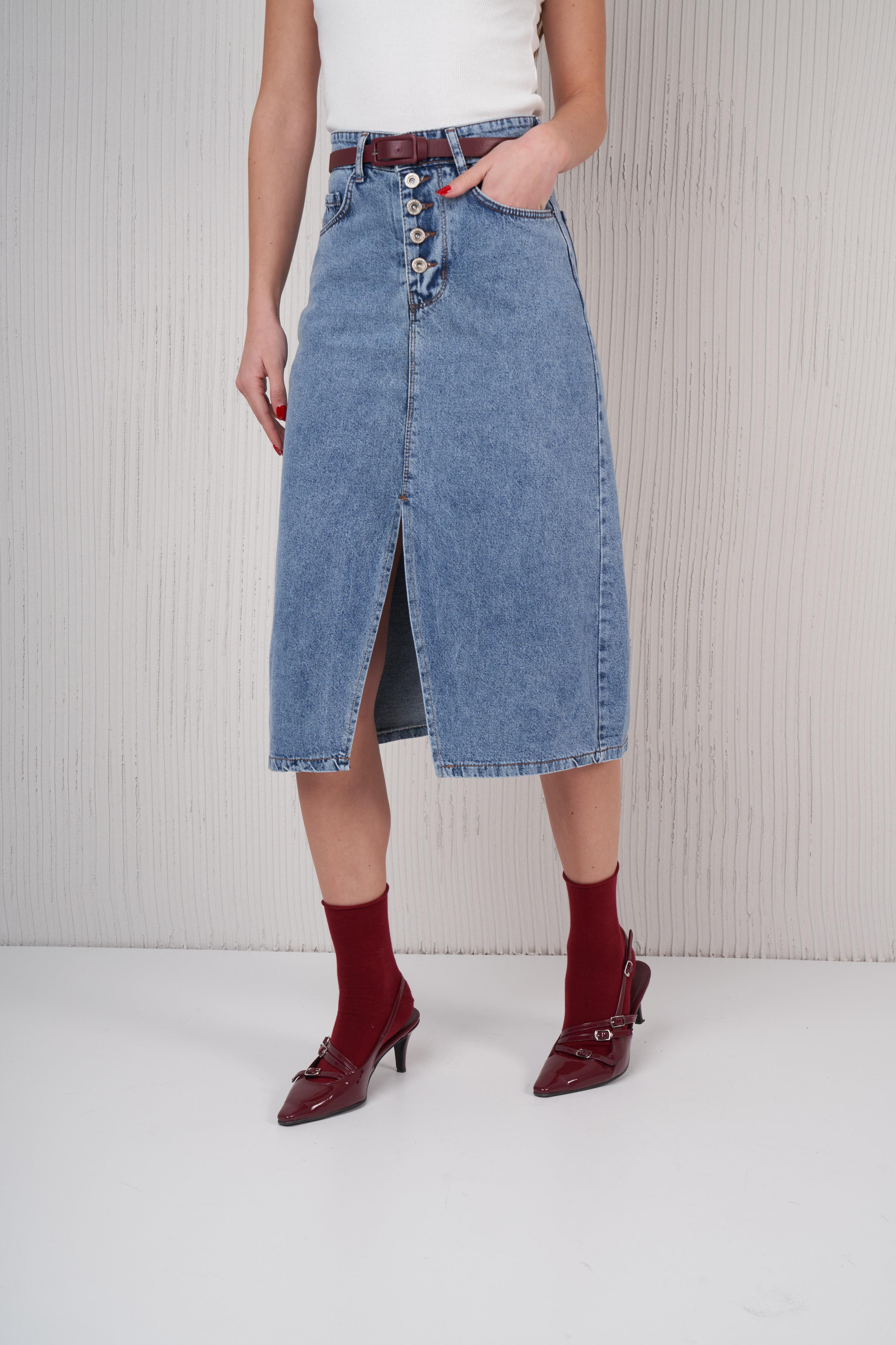 Yırtmaç Detaylı Denim Etek Mavi
