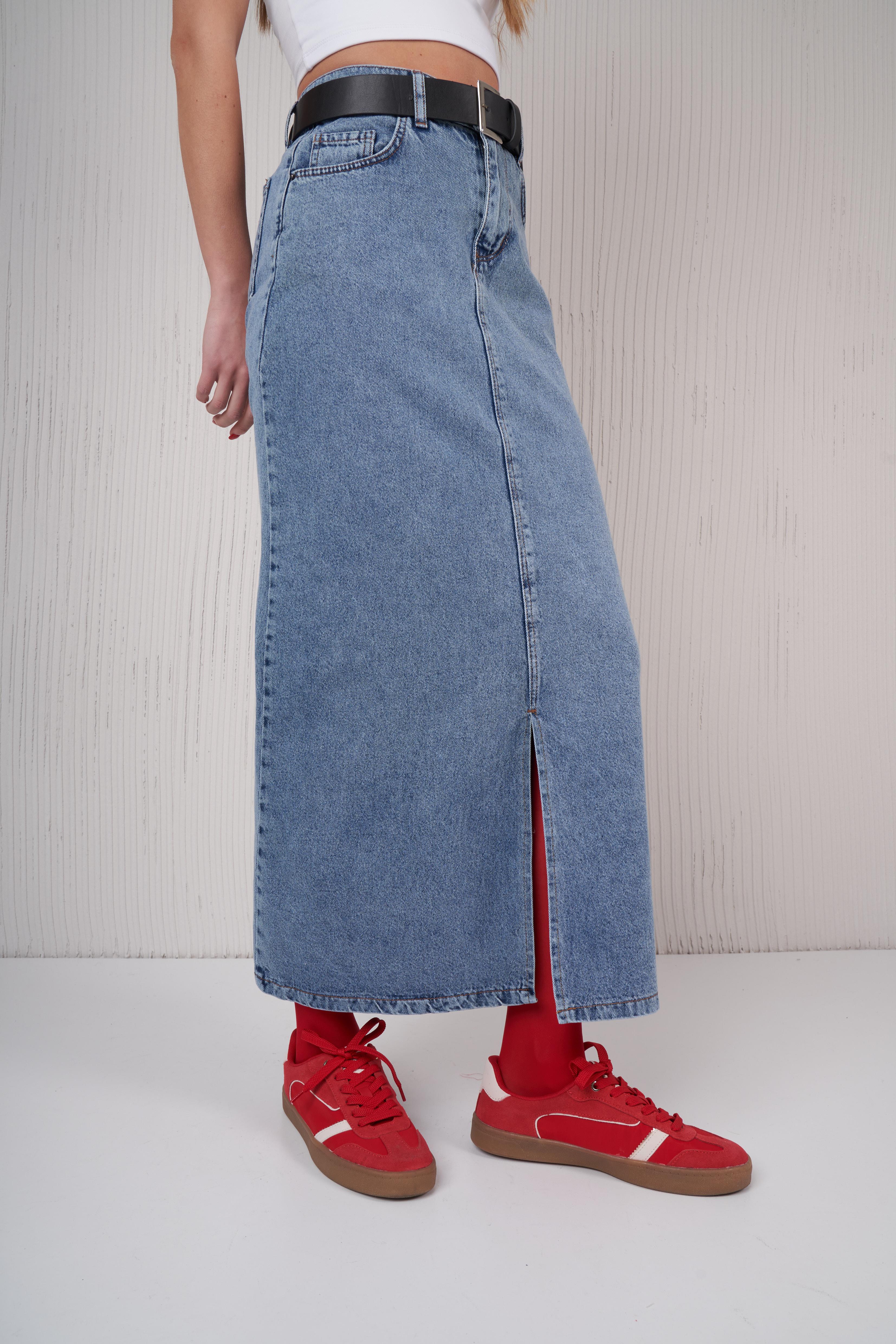 Yırtmaç Detaylı Uzun Denim Etek Mavi