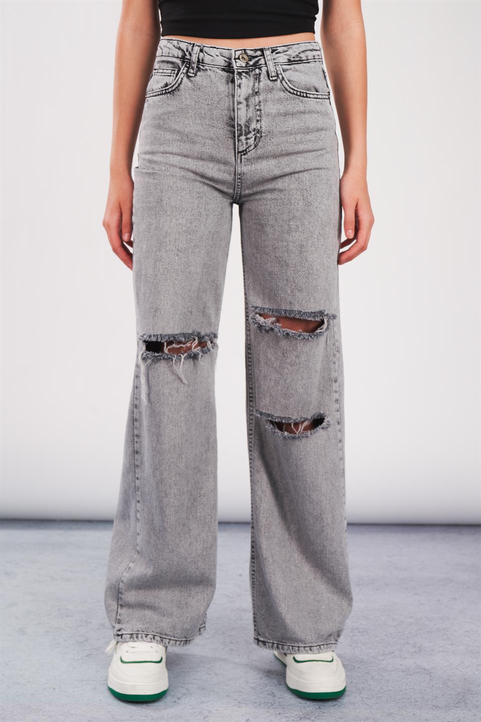 Yüksek Bel Retro Salaş Yırtık Jean Pantolon - Ambar Giyim