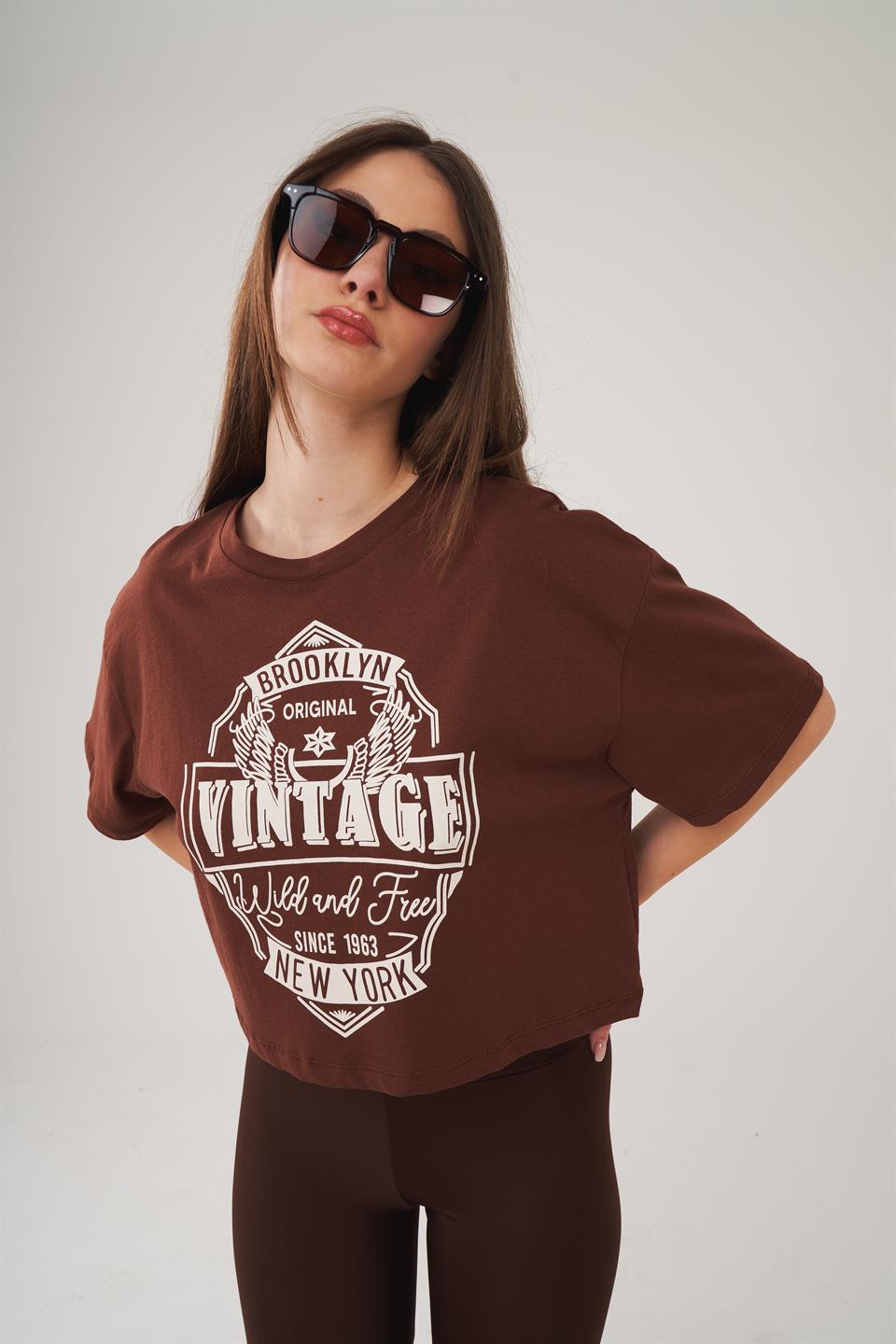 Bisiklet Yaka Vintage Baskılı Kısa T-shirt - Ambar Giyim