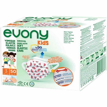 Evony Kids 3 Katlı Yumuşak Elastik Kulaklı Cerrahi Çocuk Yüz Maskesi 50 Adet