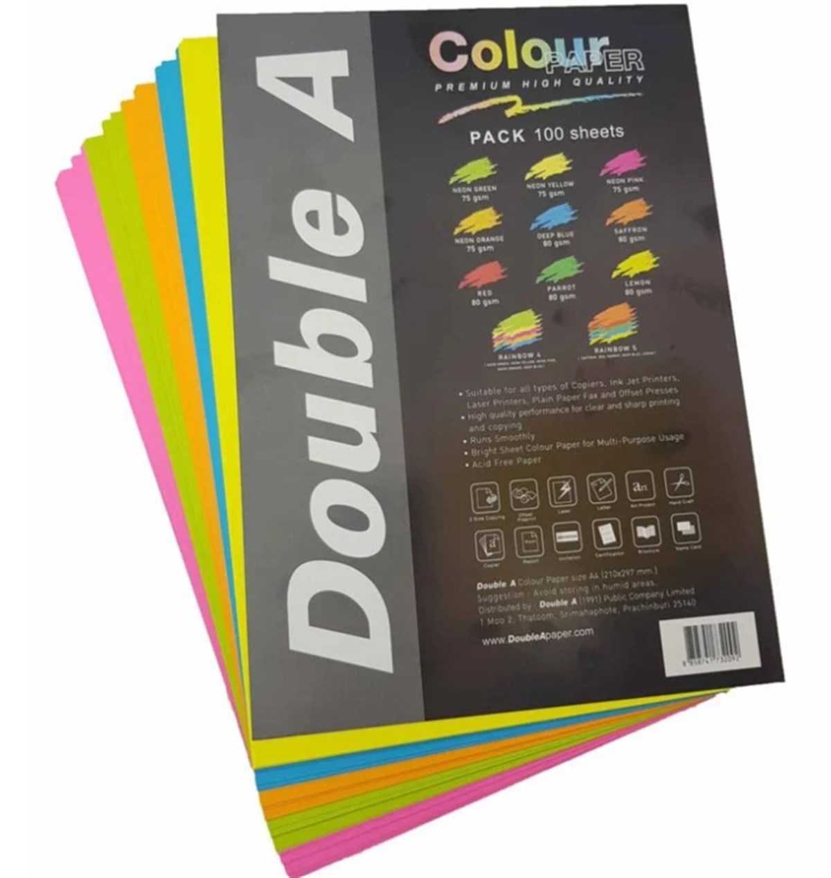 Double-A Renkli Fotokopi Kağıdı 75 gr A4 Fosforlu 5 Renk - 100 Adet