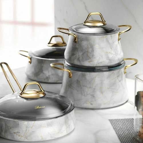 Brioni Marble 7 Parça Tencere Seti Beyaz