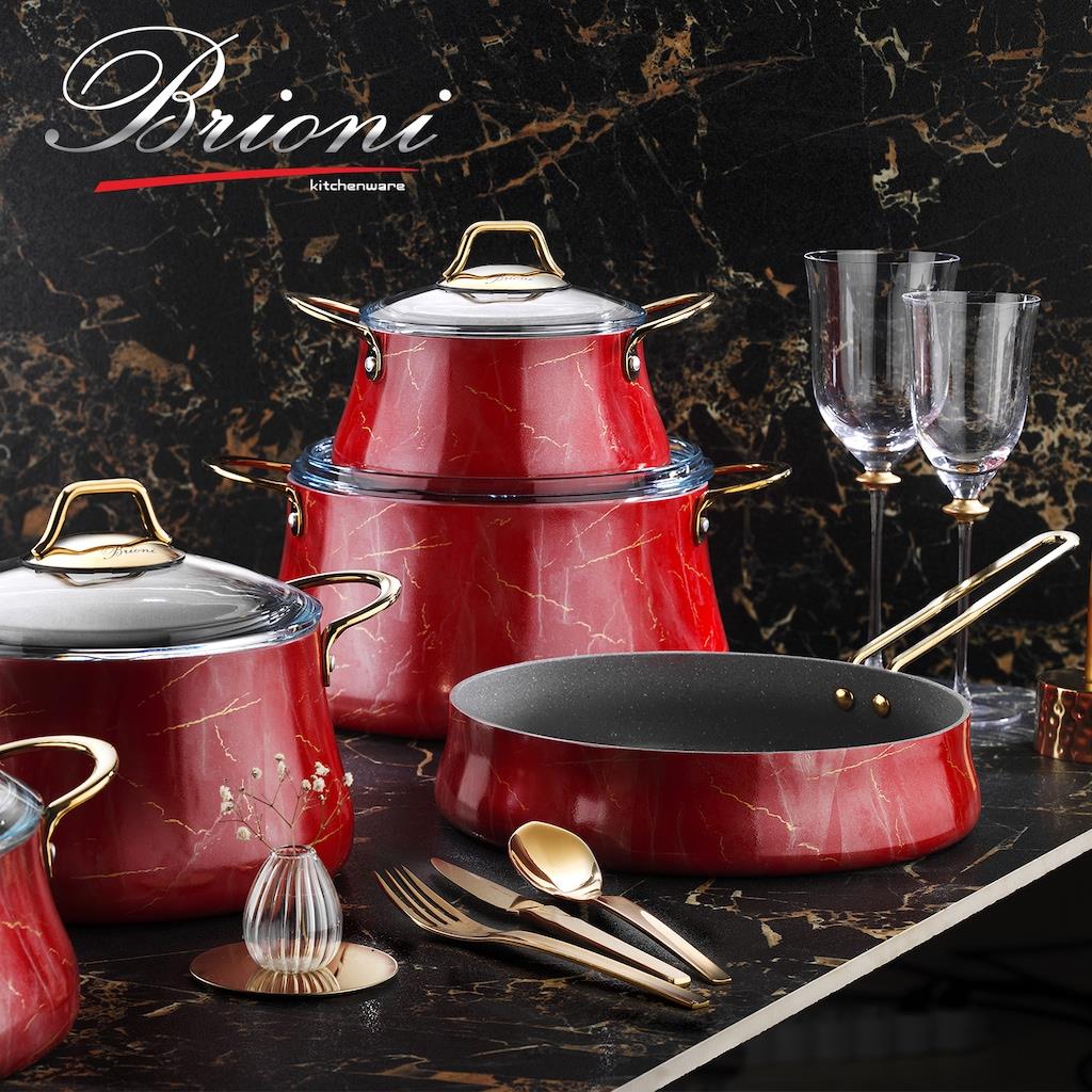 Brioni Marble Kırmızı Mermer 9 Parça Tencere Tava Seti