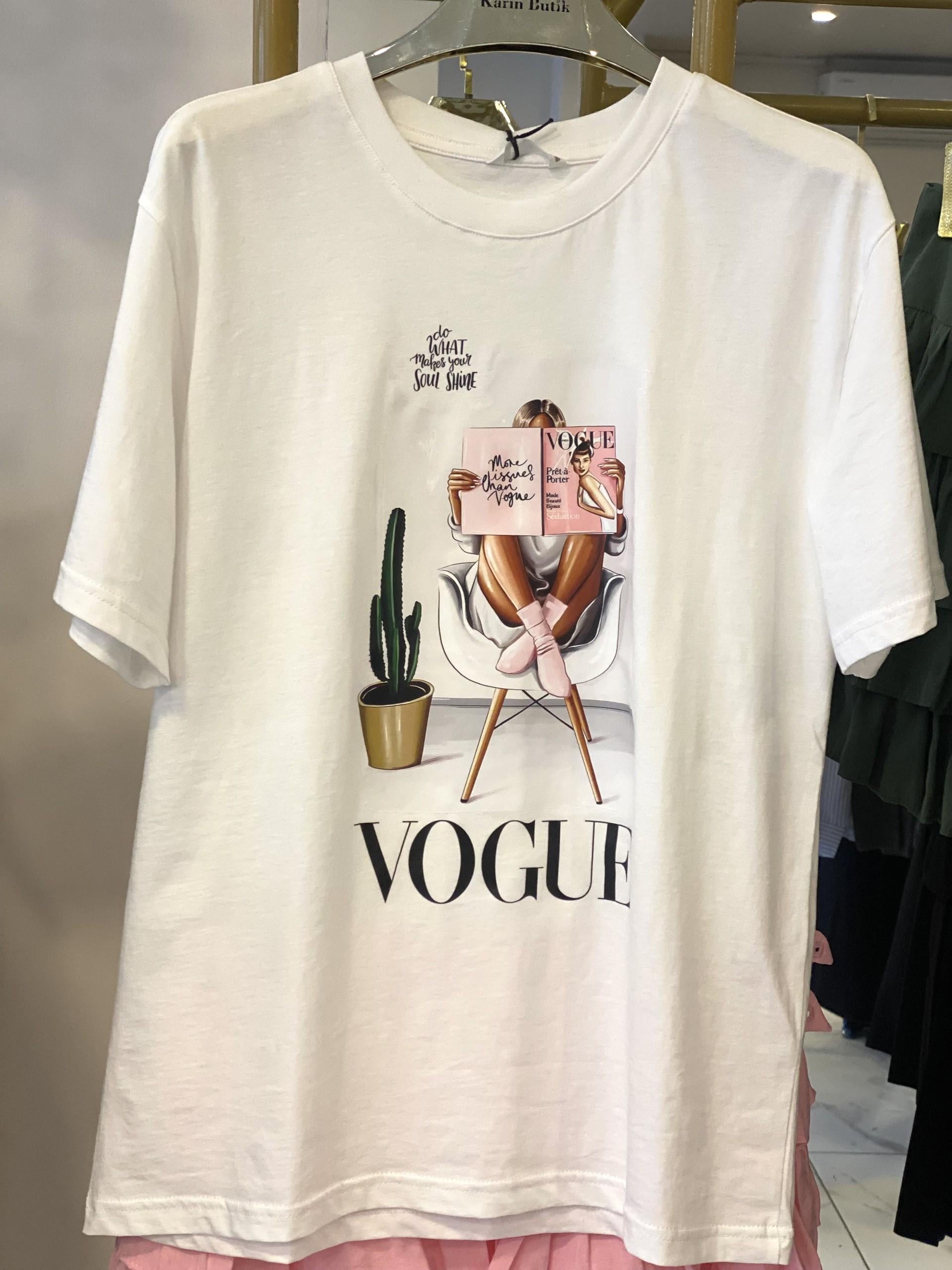 Beyaz Vogue Baskılı Tshirt 