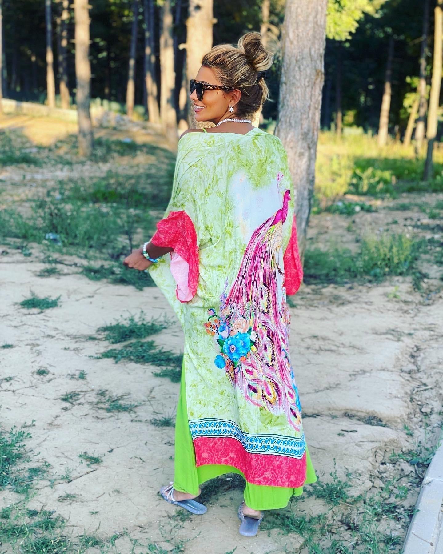 Tavus Kuşu Baskılı Yeşil Kimono