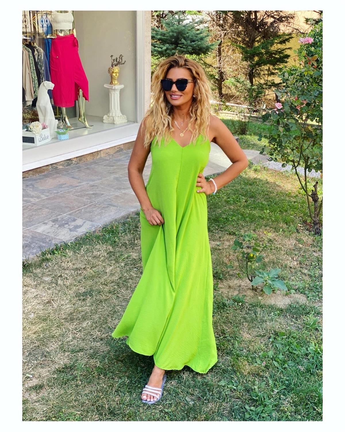 Askılı Ayrobin Elbise Neon Yeşil