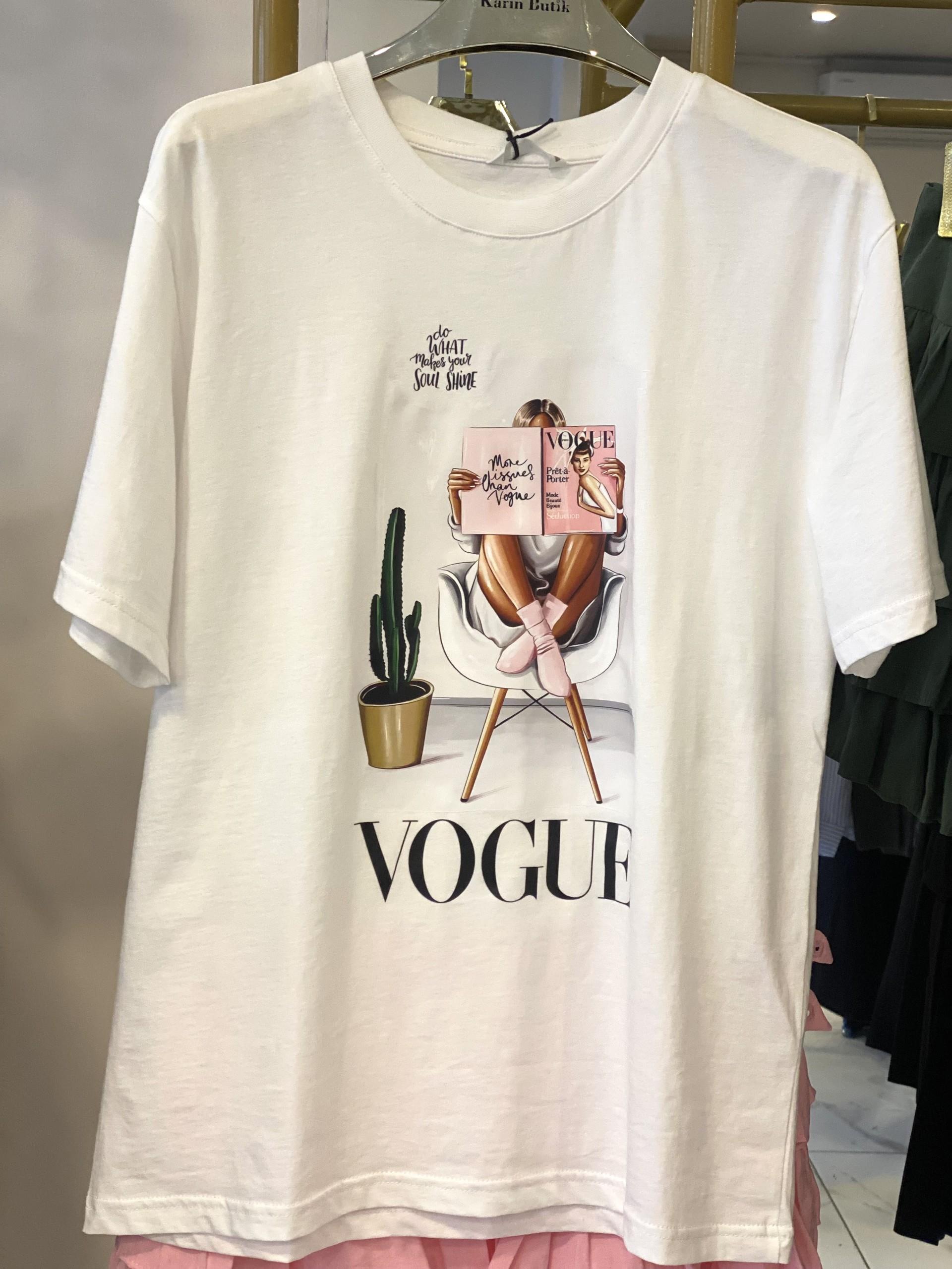 Beyaz Vogue Baskılı Tshirt 