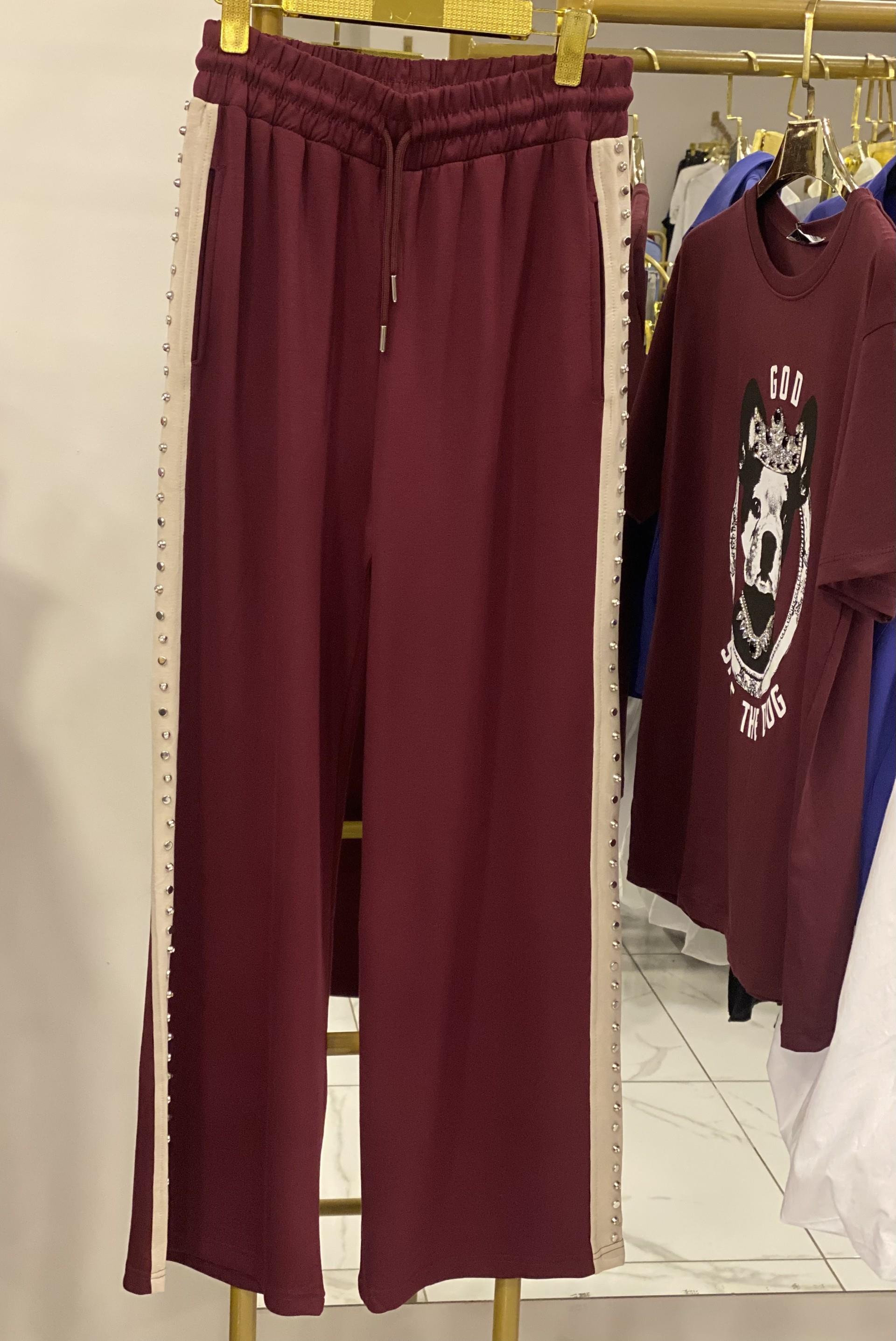 Bordo Yanı Taşlı Zımbalı Şeritli Eşofman Altı