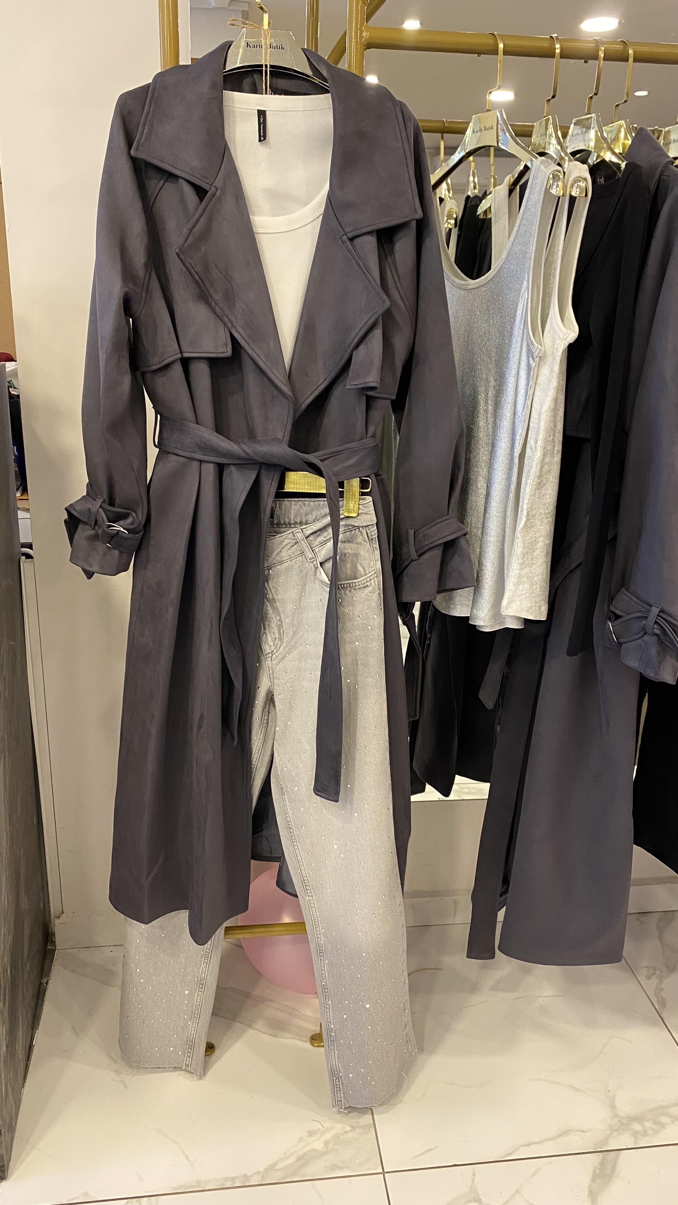 Gri Süet Trenchcoat