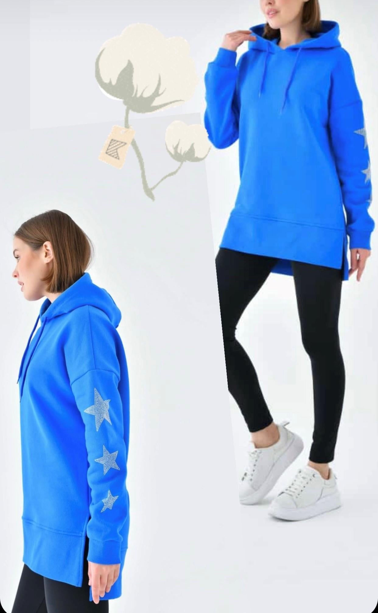 Mavi Kolları Yıldızlı Uzun Sweatshirt               