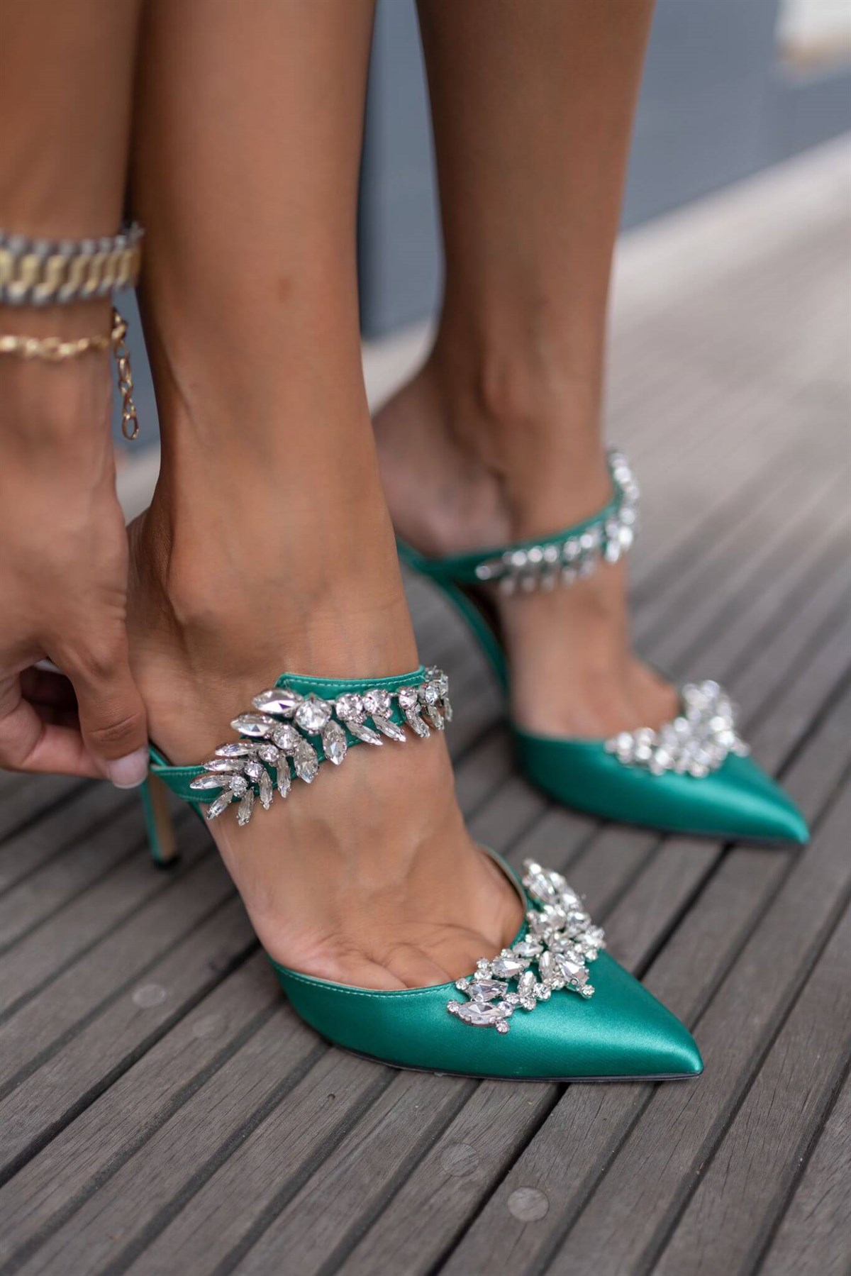 Canna A Yeşil Saten Taşlı Kadın Stiletto & Abiye