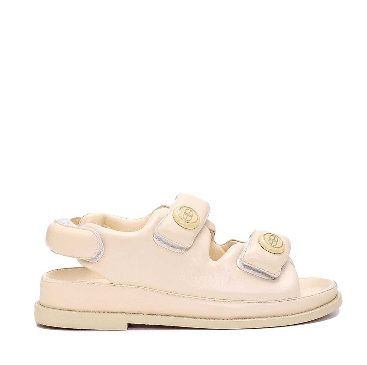 Sanda Beyaz Deri  Kadın Düz Sandalet