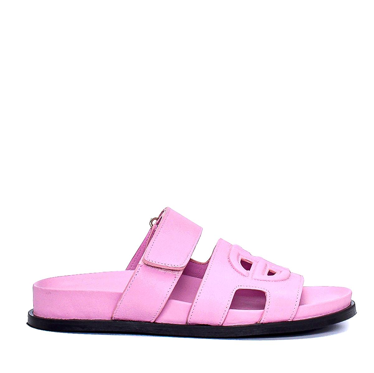 Tron Pembe Deri  Kadın Düz Terlik