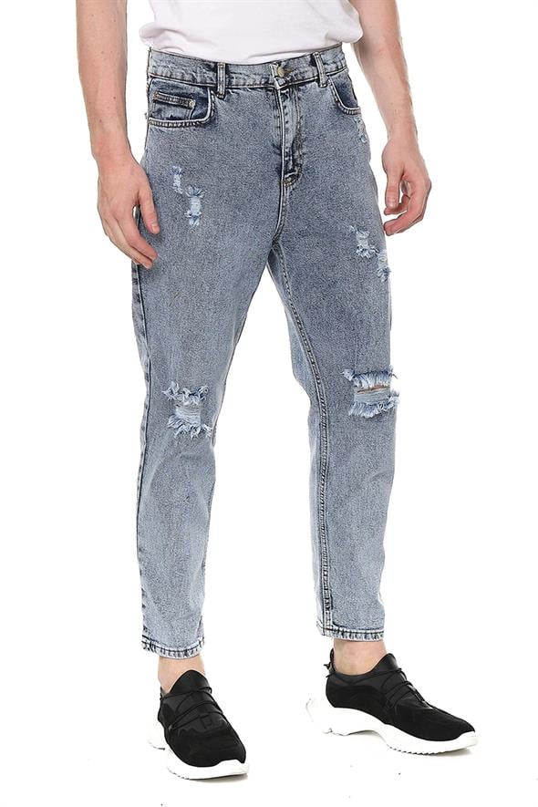 CEKMON Erkek Bol Kesim Yırtık Detaylı Eskitme Efektli Jean Kot Pantolon 