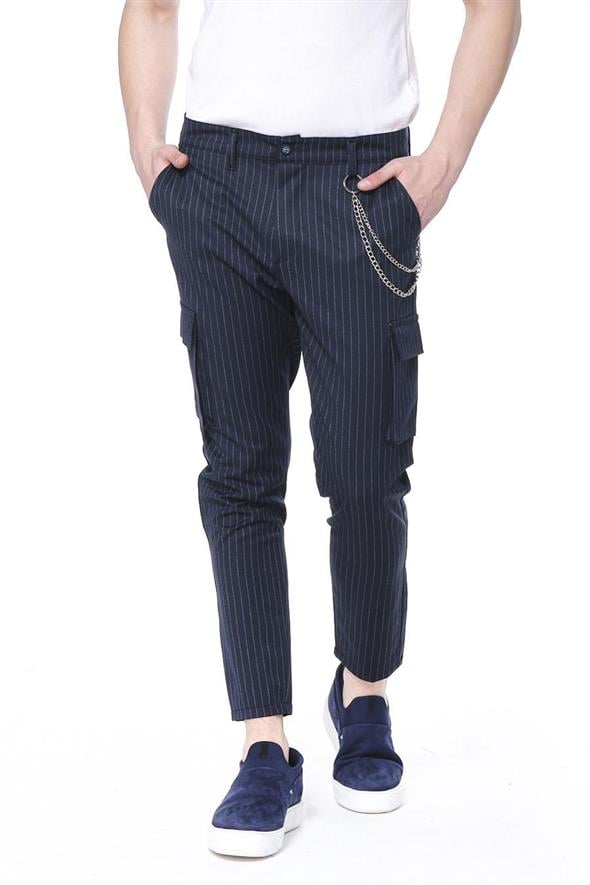 CEKMON Erkek Düğmeli Kanguru Cepli Çizgili Zincir Detaylı Spor Jogger Pantolon 