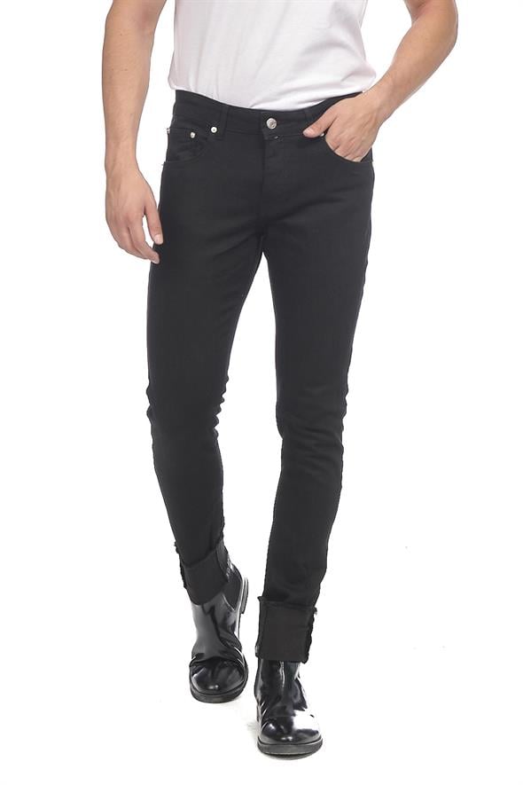 CEKMON Erkek Slim Fit Katlama Paçası Yazılı Yırtık Detaylı Düz Renk Jean Kot Pantolon 