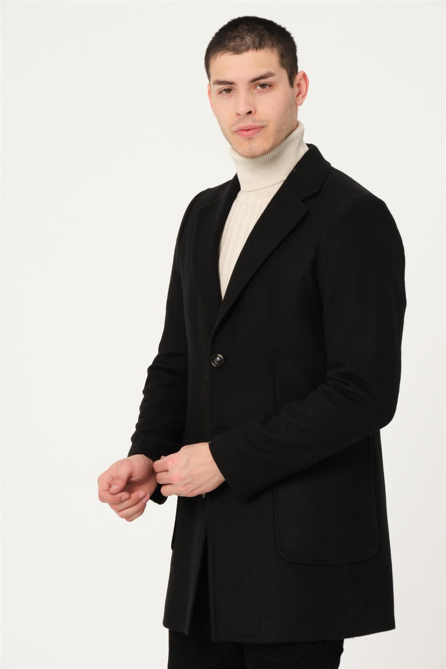 Erkek Cepli Düğmeli Kışlık Yünlü Klasik Uzun Palto Kaban