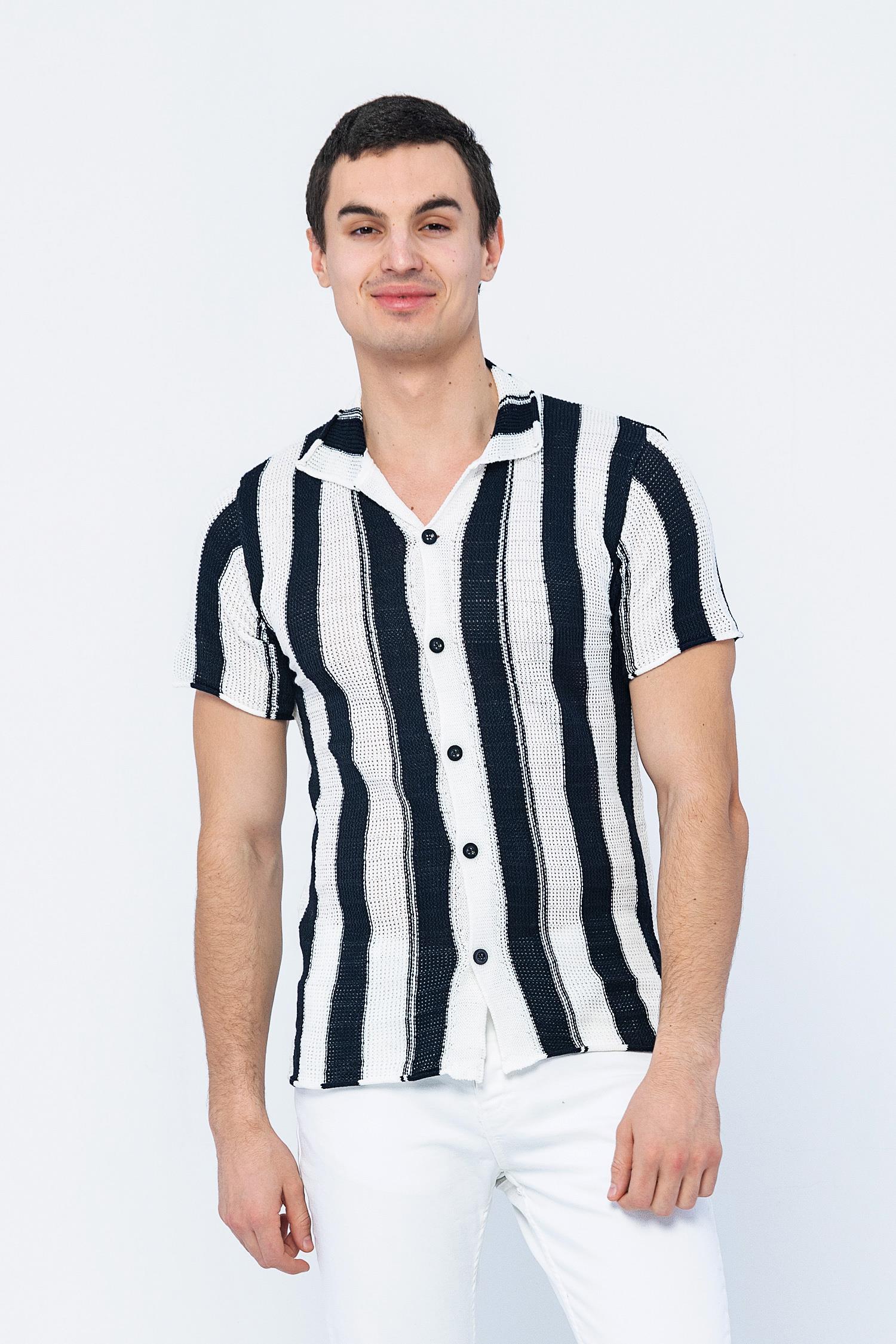 CEKMON Erkek Slim Fit Çizgili Geniş Kafes Örgülü File Kısa Kollu Triko Gömlek 