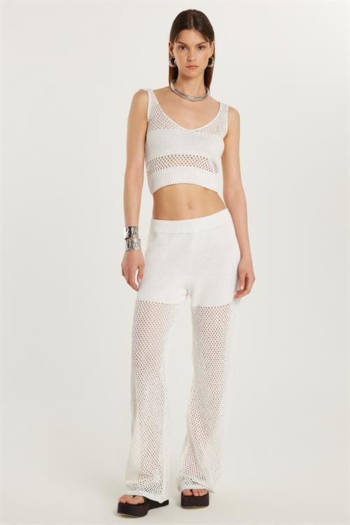 Kadın Slim Fit Dar Kesim Askılı Örme Detaylı U Yaka Ekru Takım