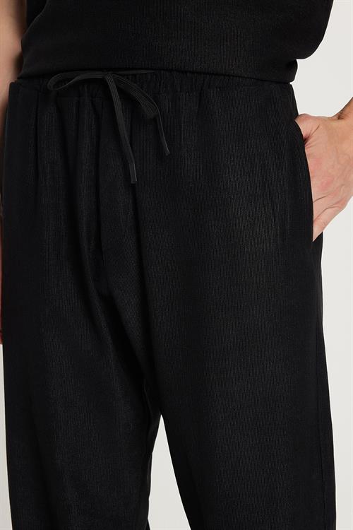 Erkek Oversize Geniş Kesim Beli Lastikli Bağcıklı Bisiklet Yaka Siyah Eşofman Takımı