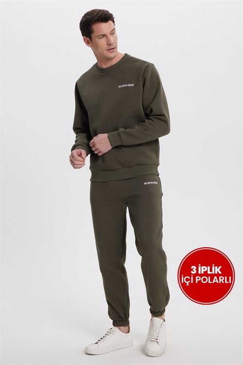 Erkek Relax Fit Pamuklu 3 İplik Yumuşak Dokulu İçi Polarlı Bisiklet Yaka Haki Eşofman Takımı