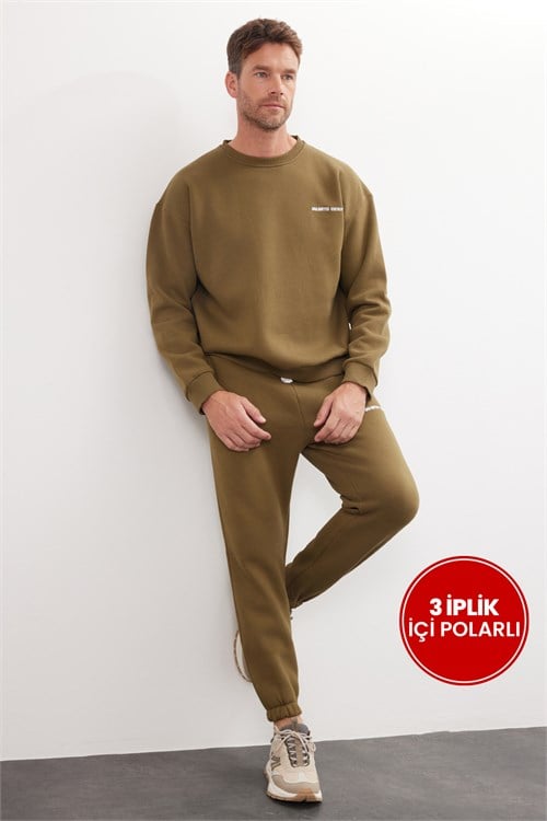 Erkek Relax Fit Pamuklu 3 İplik Yumuşak Dokulu İçi Polarlı Bisiklet Yaka Haki Eşofman Takımı