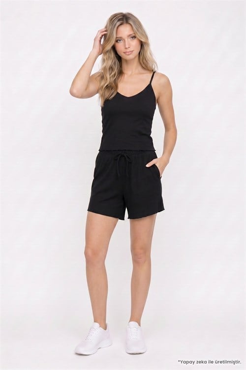 Kadın Slim Fit Dar Kesim Fitilli V Yaka Siyah Askılı Bluz ve Beli Bağlamalı Siyah Şort Takım