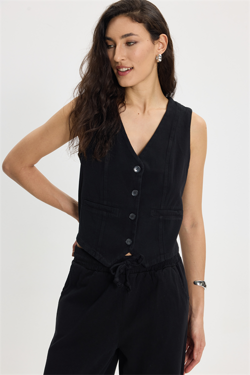 Kadın Slim Fit Dar Kesim %100 Pamuk V Yaka Çift Cepli Siyah Yelek Pantolon Takım