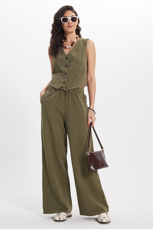 Kadın Slim Fit Dar Kesim %100 Pamuk V Yaka Çift Cepli Haki Yelek Pantolon Takım