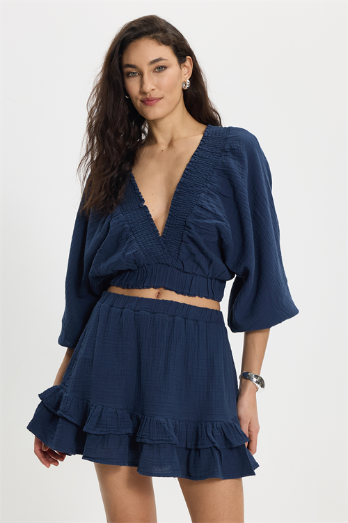 Kadın Oversize Geniş Kesim %100 Pamuk Kruvaze Yaka Crop Fırfırlı Lacivert Şort Etek Takım