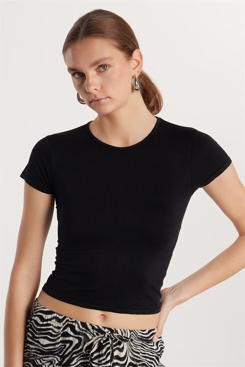 Kadın Slim Fit Dar Kesim Düz Basic Bisiklet Yaka Siyah Tişört