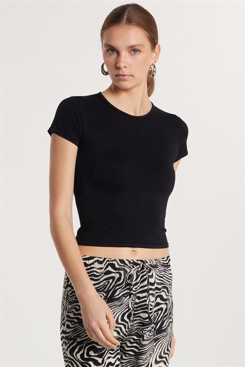 Kadın Slim Fit Dar Kesim Düz Basic Bisiklet Yaka Siyah Tişört