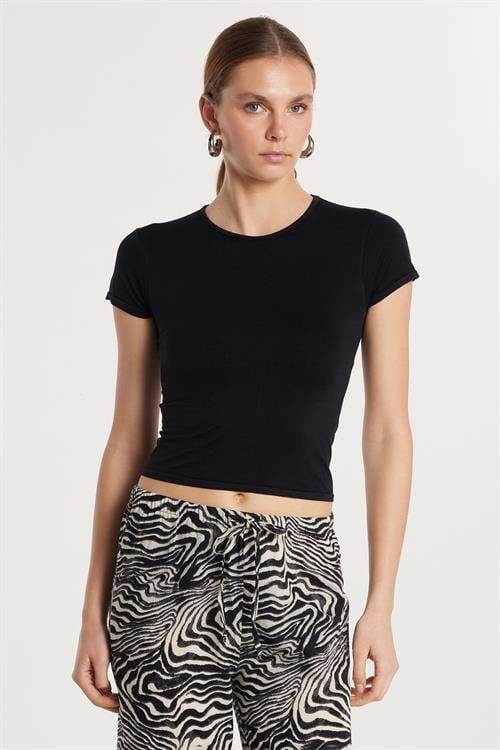 Kadın Slim Fit Dar Kesim Düz Basic Bisiklet Yaka Siyah Tişört