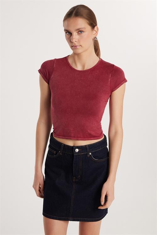 Kadın Slim Fit Dar Kesim Düz Basic Bisiklet Yaka Bordo Tişört
