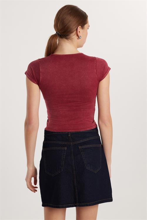 Kadın Slim Fit Dar Kesim Düz Basic Bisiklet Yaka Bordo Tişört