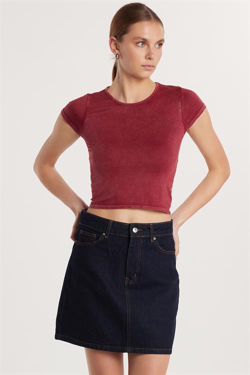 Kadın Slim Fit Dar Kesim Düz Basic Bisiklet Yaka Bordo Tişört