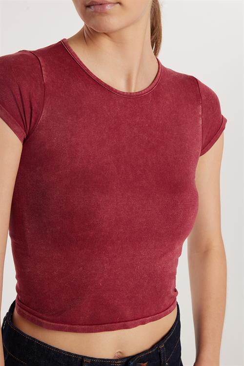 Kadın Slim Fit Dar Kesim Düz Basic Bisiklet Yaka Bordo Tişört