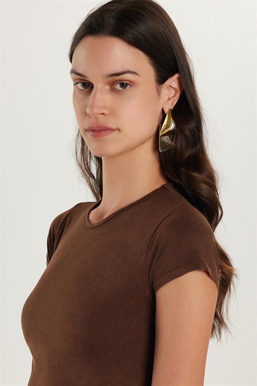Kadın Slim Fit Dar Kesim Düz Basic Bisiklet Yaka Kahverengi Tişört