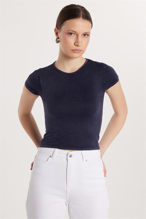 Kadın Slim Fit Dar Kesim Düz Basic Bisiklet Yaka Lacivert Tişört
